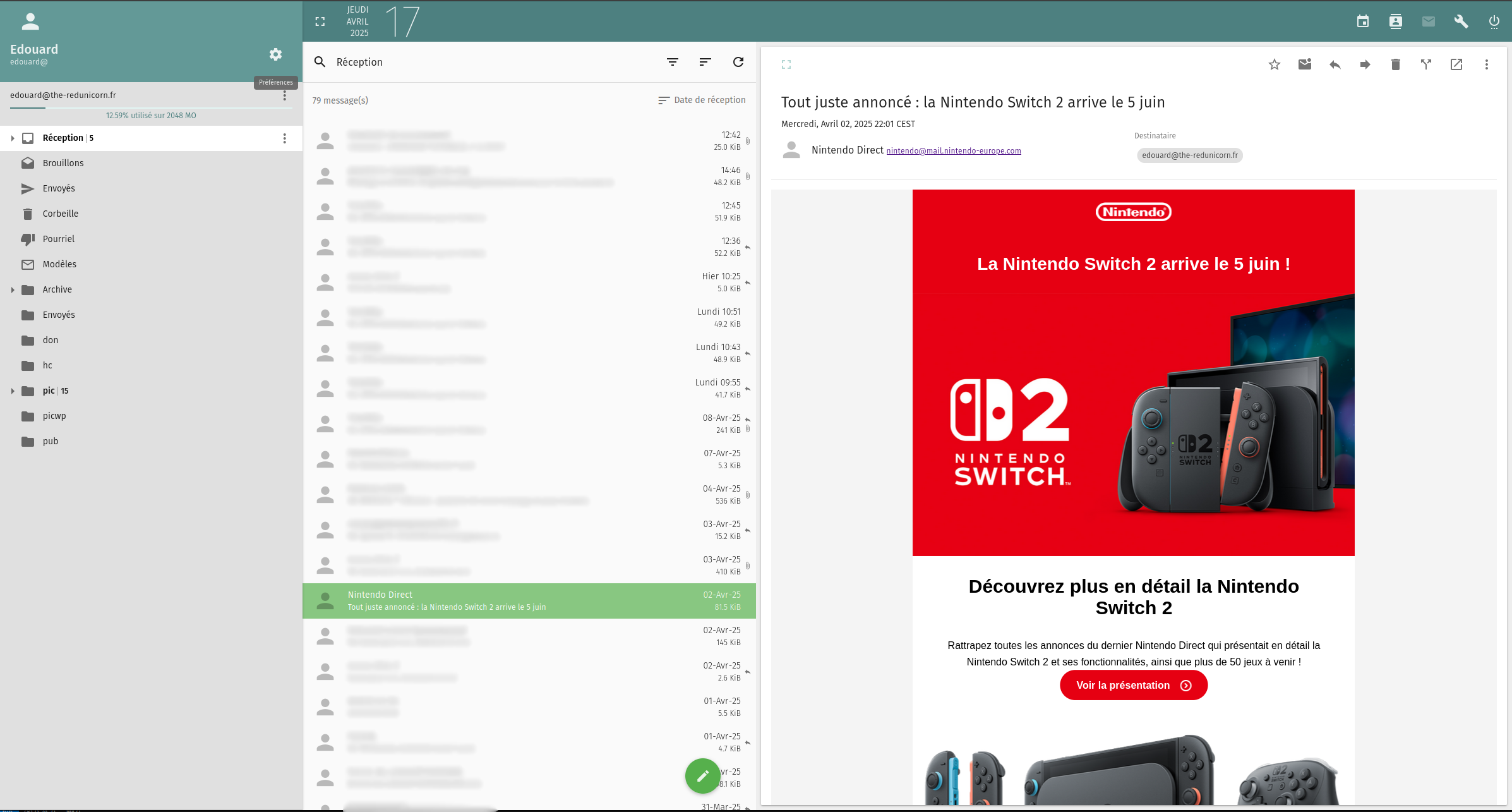 Boîte de réception, une fois connecté à SOGo